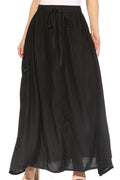 Sakkas Zarah Women's Boho Embroidery Gypsy Skirt with Lace Elastic Waist Pockets#color_Black
