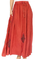 Sakkas Zarah Women's Boho Embroidery Gypsy Skirt with Lace Elastic Waist Pockets#color_Cayenne