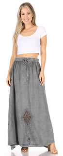 Sakkas Zarah Women's Boho Embroidery Gypsy Skirt with Lace Elastic Waist Pockets