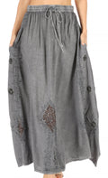 Sakkas Zarah Women's Boho Embroidery Gypsy Skirt with Lace Elastic Waist Pockets#color_Grey