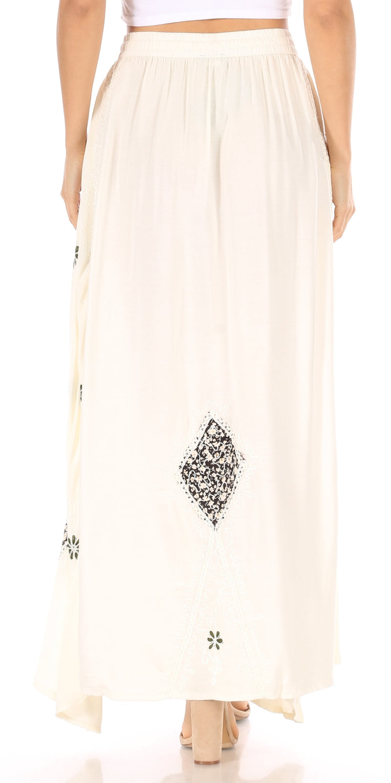 Sakkas Zarah Women's Boho Embroidery Gypsy Skirt with Lace Elastic Waist Pockets
