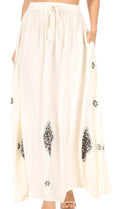Sakkas Zarah Women's Boho Embroidery Gypsy Skirt with Lace Elastic Waist Pockets#color_Ivory