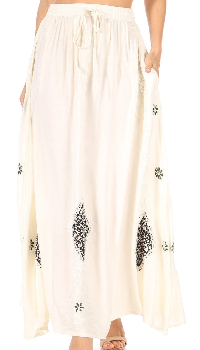 Sakkas Zarah Women's Boho Embroidery Gypsy Skirt with Lace Elastic Waist Pockets
