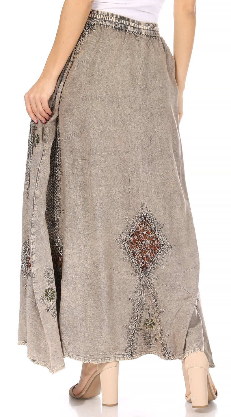 Sakkas Zarah Women's Boho Embroidery Gypsy Skirt with Lace Elastic Waist Pockets