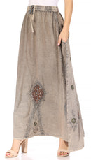 Sakkas Zarah Women's Boho Embroidery Gypsy Skirt with Lace Elastic Waist Pockets
