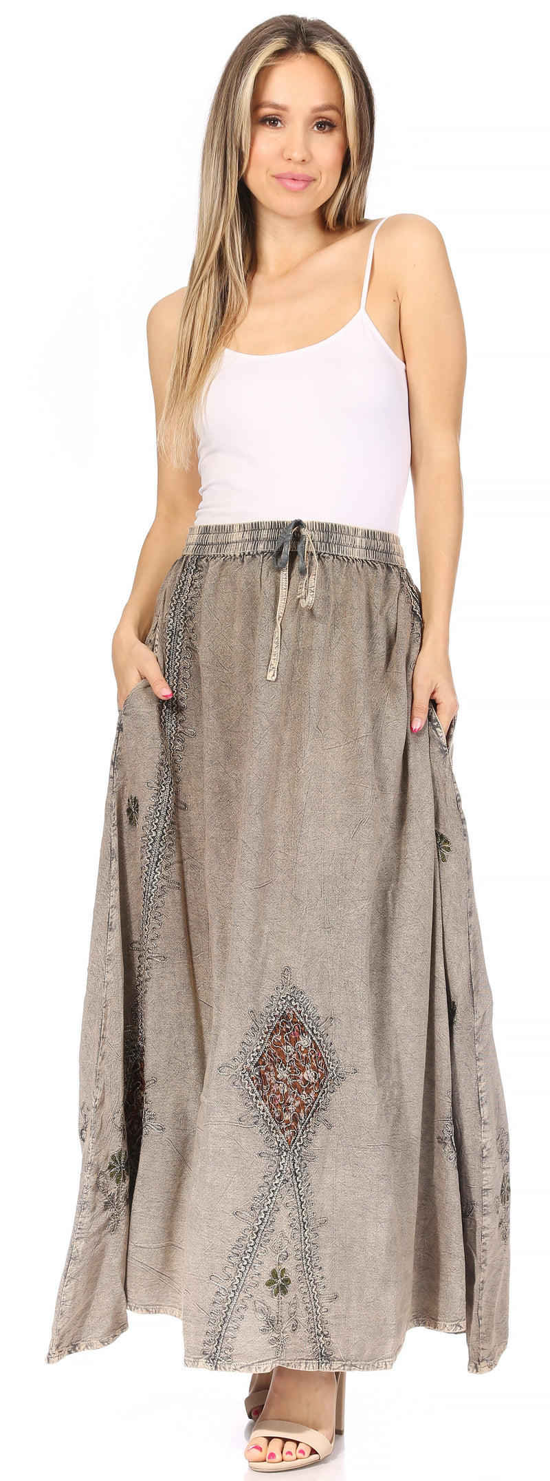 Sakkas Zarah Women's Boho Embroidery Gypsy Skirt with Lace Elastic Waist Pockets