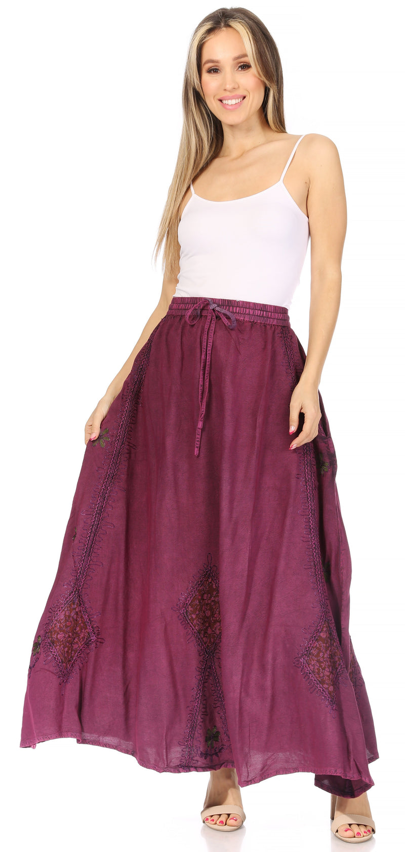 Sakkas Zarah Women's Boho Embroidery Gypsy Skirt with Lace Elastic Waist Pockets