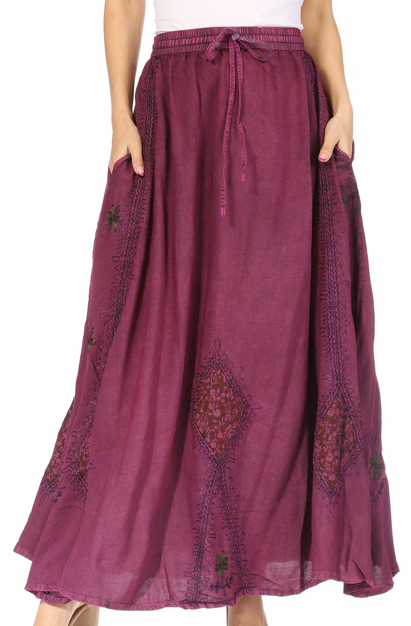 Sakkas Zarah Women's Boho Embroidery Gypsy Skirt with Lace Elastic Waist Pockets