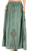 Sakkas Zarah Women's Boho Embroidery Gypsy Skirt with Lace Elastic Waist Pockets#color_SageGreen
