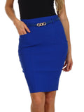 Sakkas Women's Shirred Hip Stretch Pencil Skirt with Skinny Belt#color_RoyalBlue