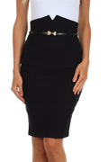 Sakkas High Waist Stretch Pencil Skirt with Metallic Bow Skinny Belt#color_Black