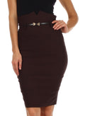 Sakkas High Waist Stretch Pencil Skirt with Metallic Bow Skinny Belt#color_Brown