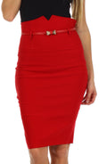 Sakkas High Waist Stretch Pencil Skirt with Metallic Bow Skinny Belt#color_Red