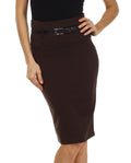 Knee Length High Waist Stretch Pencil Skirt with Skinny Belt#color_Brown