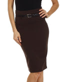 Knee Length High Waist Stretch Pencil Skirt with Skinny Belt