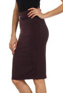 Knee Length High Waist Stretch Pencil Skirt with Skinny Belt