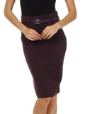 Knee Length High Waist Stretch Pencil Skirt with Skinny Belt#color_Plum