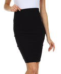 Knee Length High Waist Stretch Pencil Skirt#color_Black