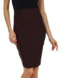 Knee Length High Waist Stretch Pencil Skirt#color_Brown