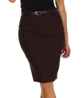Knee Length Stretch Pencil Skirt with Skinny Belt#color_Brown