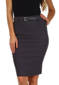 Knee Length Stretch Pencil Skirt with Skinny Belt#color_Charcoal