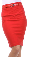 Knee Length Stretch Pencil Skirt with Skinny Belt#color_Red