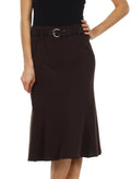 Knee Length A-Line Skirt with Seaming Detail#color_Brown
