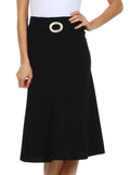 Knee Length Flared Skirt with Seaming and Belt Detail#color_Black