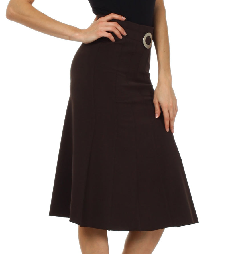 Knee Length Flared Skirt with Seaming and Belt Detail