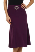 Knee Length Flared Skirt with Seaming and Belt Detail#color_Plum