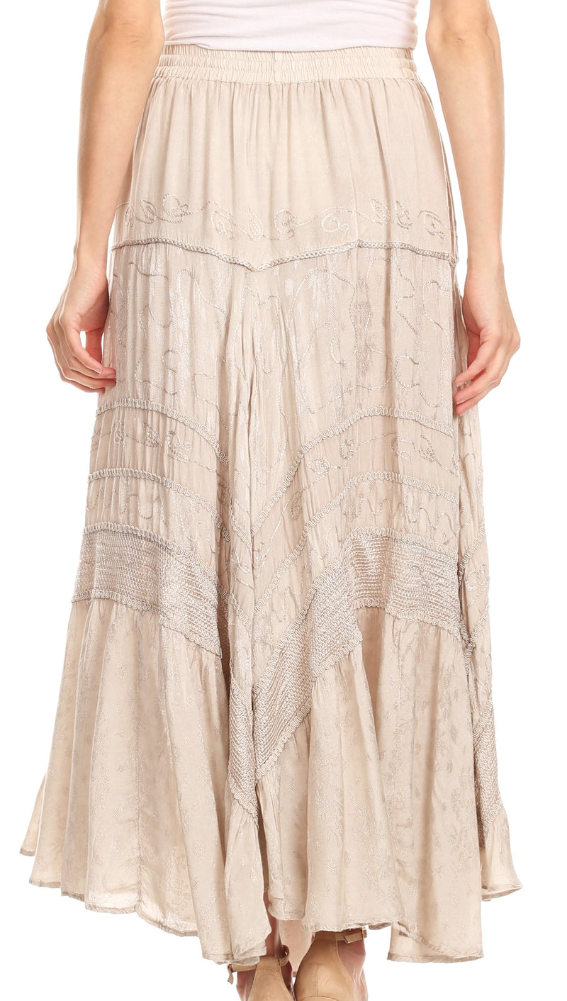 Sakkas Alber Adjustable Waist Boho Skirt With Detailed Embroidery With Ruffle Trim
