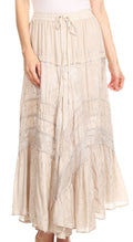 Sakkas Alber Adjustable Waist Boho Skirt With Detailed Embroidery With Ruffle Trim#color_Beige