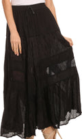 Sakkas Alber Adjustable Waist Boho Skirt With Detailed Embroidery With Ruffle Trim#color_Black