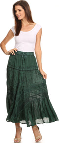 Sakkas Alber Adjustable Waist Boho Skirt With Detailed Embroidery With Ruffle Trim#color_Green