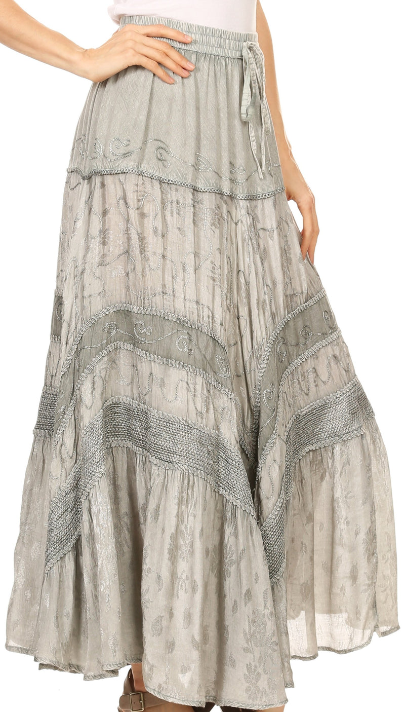 Sakkas Alber Adjustable Waist Boho Skirt With Detailed Embroidery With Ruffle Trim