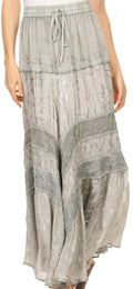 Sakkas Alber Adjustable Waist Boho Skirt With Detailed Embroidery With Ruffle Trim#color_Grey