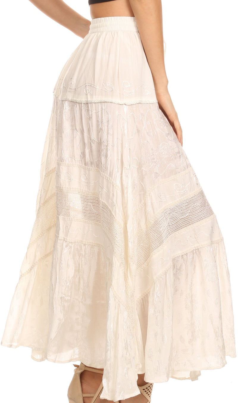 Sakkas Alber Adjustable Waist Boho Skirt With Detailed Embroidery With Ruffle Trim