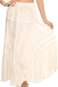 Sakkas Alber Adjustable Waist Boho Skirt With Detailed Embroidery With Ruffle Trim#color_Ivory