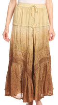 Sakkas Alber Adjustable Waist Boho Skirt With Detailed Embroidery With Ruffle Trim#color_OmbreBrown
