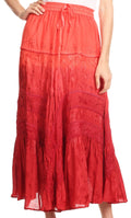 Sakkas Alber Adjustable Waist Boho Skirt With Detailed Embroidery With Ruffle Trim#color_OmbreRed