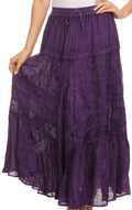 Sakkas Alber Adjustable Waist Boho Skirt With Detailed Embroidery With Ruffle Trim#color_Purple