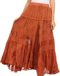 Sakkas Alber Adjustable Waist Boho Skirt With Detailed Embroidery With Ruffle Trim#color_Rust