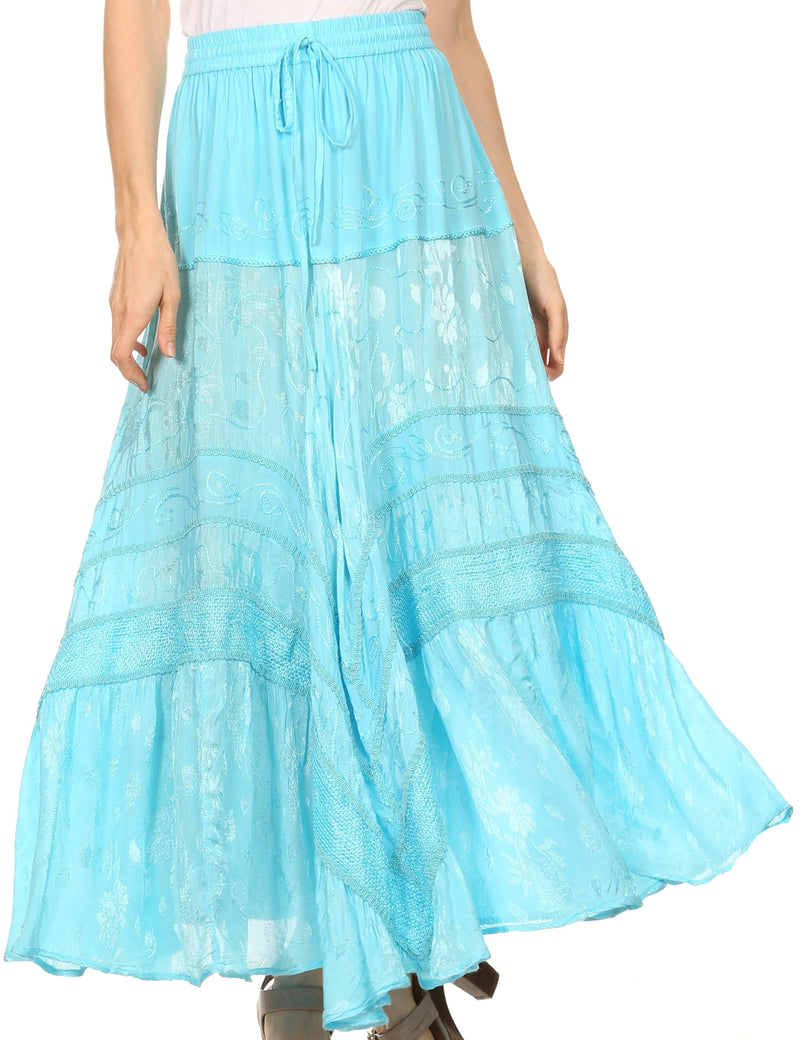 Sakkas Alber Adjustable Waist Boho Skirt With Detailed Embroidery With Ruffle Trim