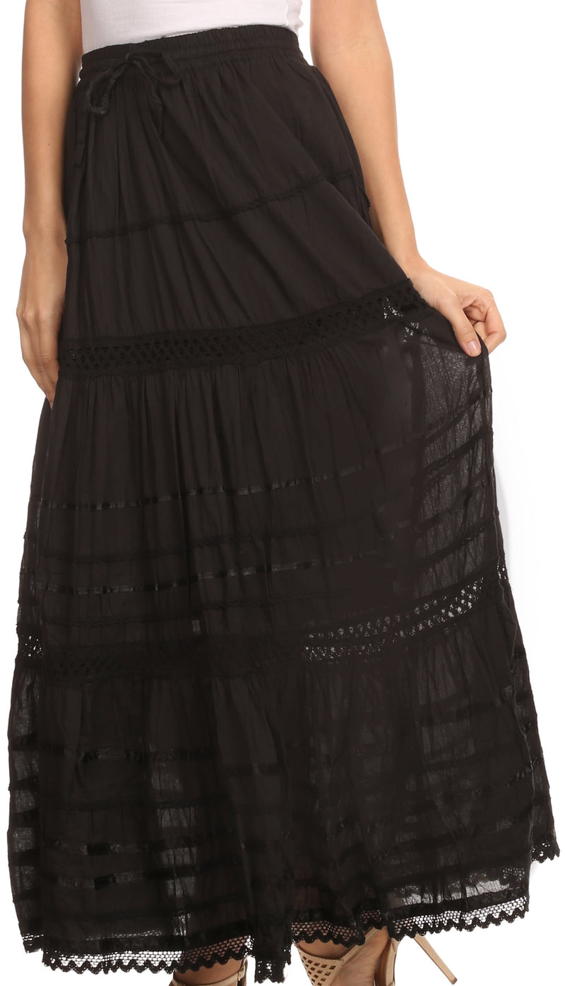 Sakkas Gia Bohemian Adjustable Lace Embroidered Wide Lined Long Ethnic Skirt