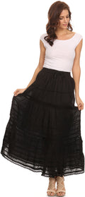 Sakkas Gia Bohemian Adjustable Lace Embroidered Wide Lined Long Ethnic Skirt #color_Black