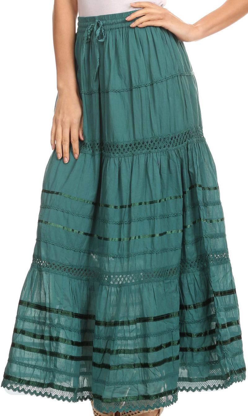 Sakkas Gia Bohemian Adjustable Lace Embroidered Wide Lined Long Ethnic Skirt
