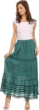 Sakkas Gia Bohemian Adjustable Lace Embroidered Wide Lined Long Ethnic Skirt