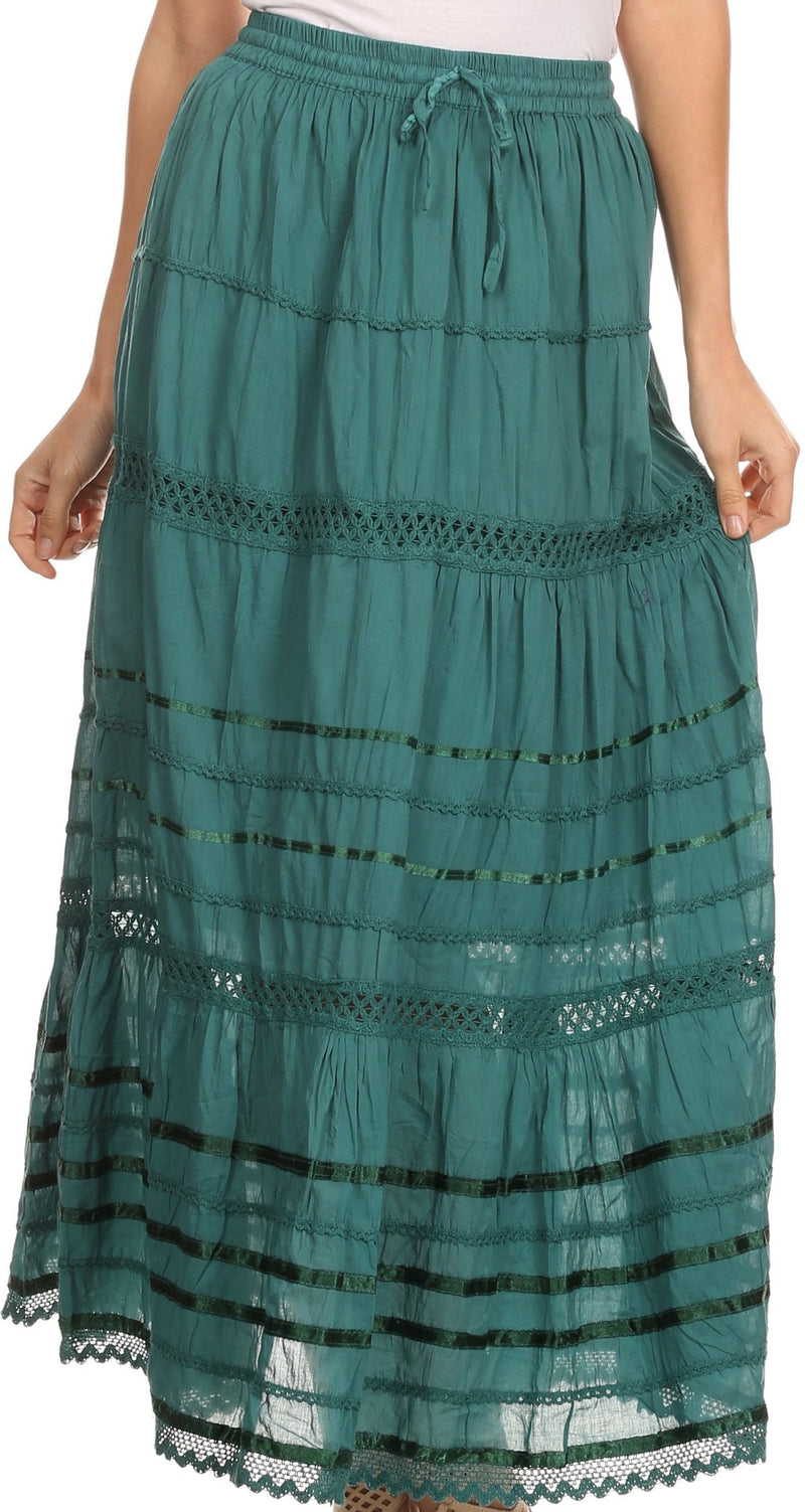 Sakkas Gia Bohemian Adjustable Lace Embroidered Wide Lined Long Ethnic Skirt