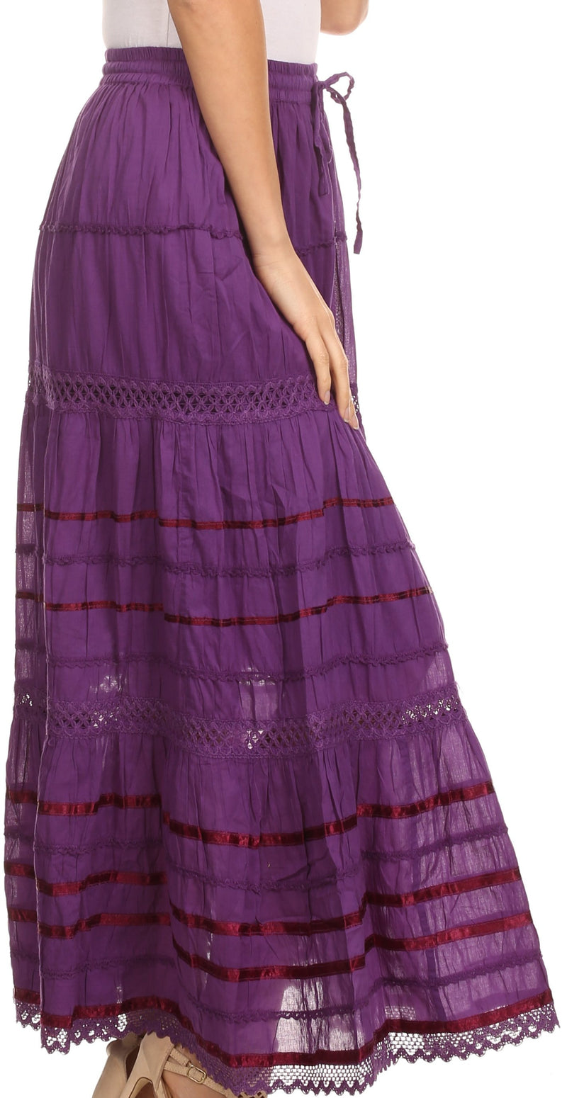 Sakkas Gia Bohemian Adjustable Lace Embroidered Wide Lined Long Ethnic Skirt