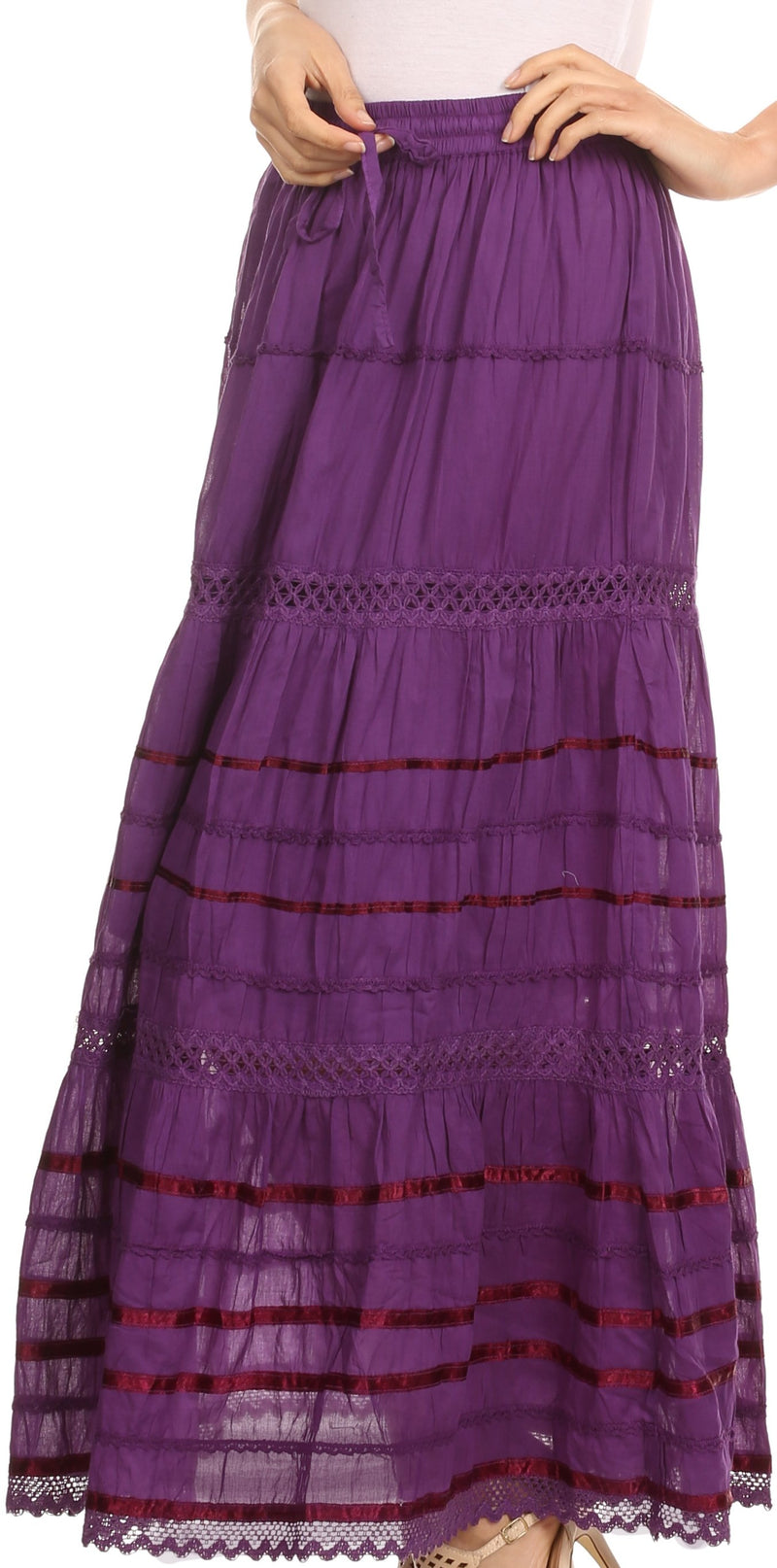 Sakkas Gia Bohemian Adjustable Lace Embroidered Wide Lined Long Ethnic Skirt